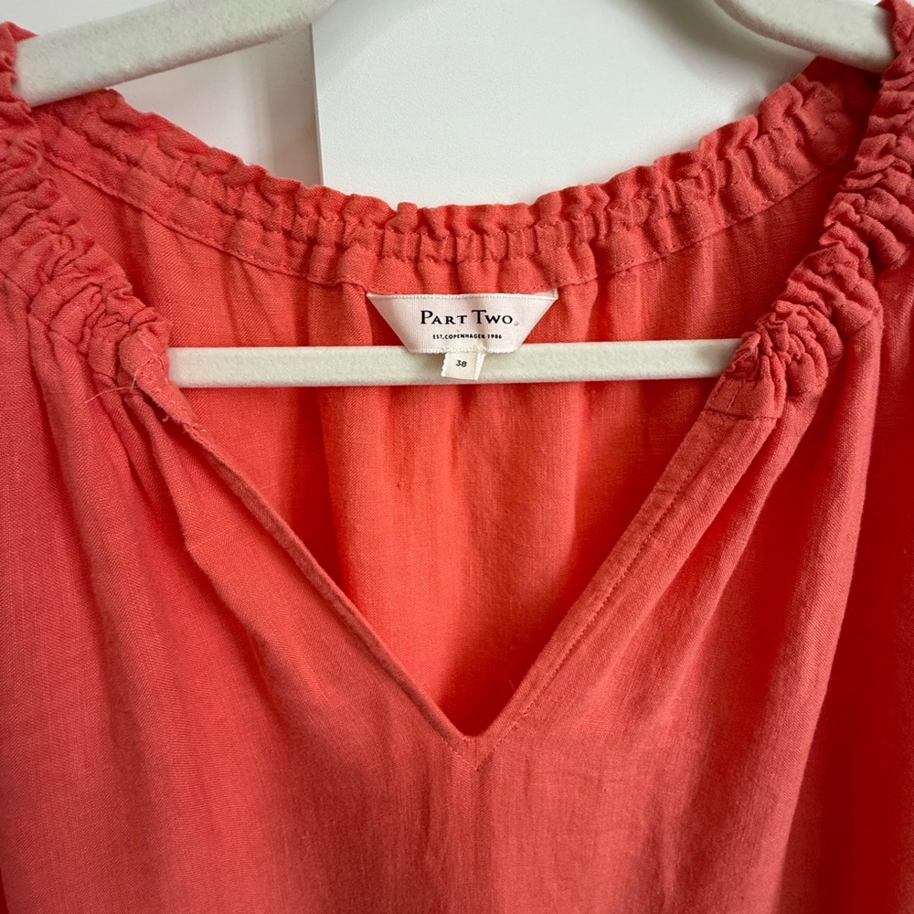 Part Two Chania Linen Dress Ruffle Sleeve Popover Cool Breezy Simple Orange M - Picture 4 of 6